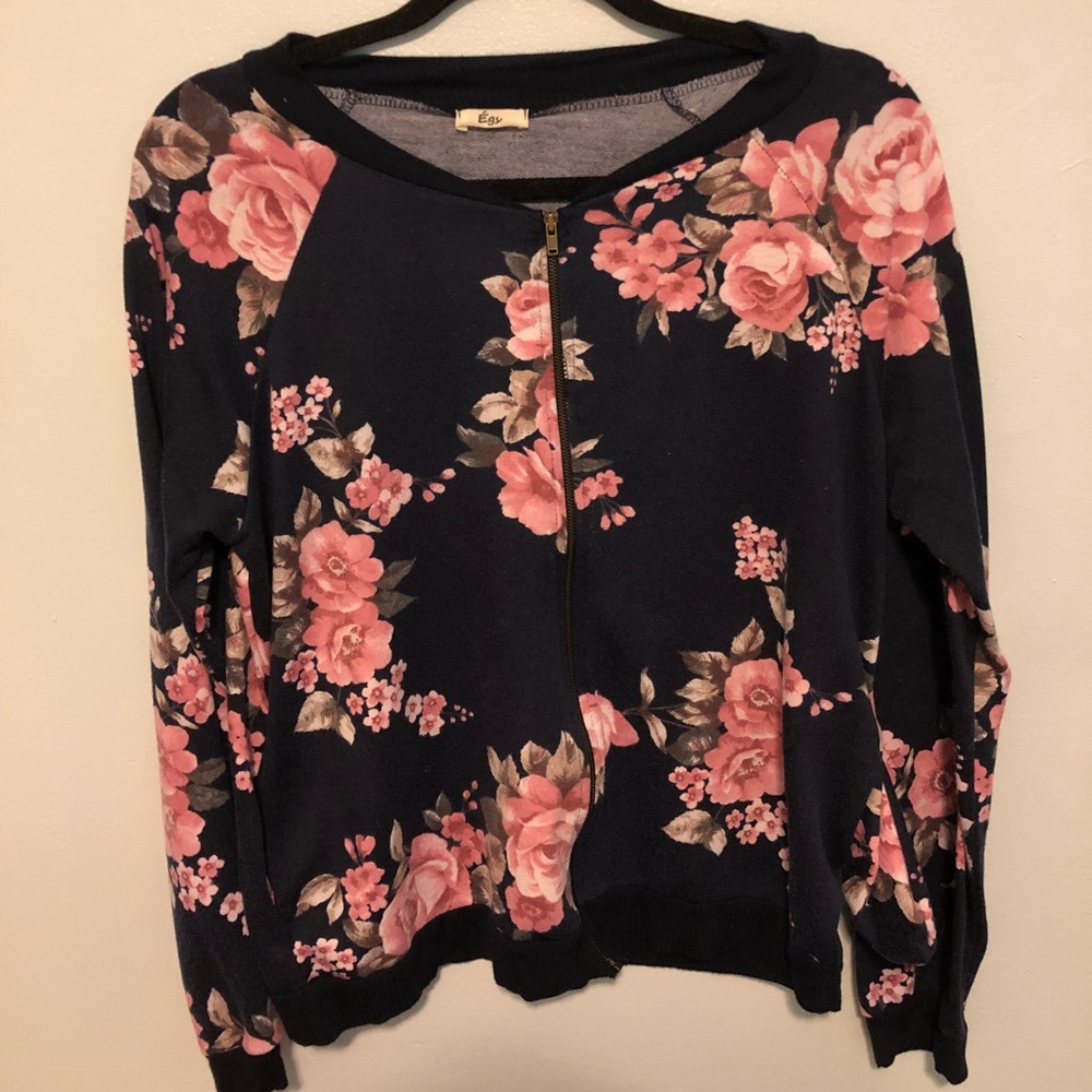 Navy and Pink Floral Long Sleeve Zip up